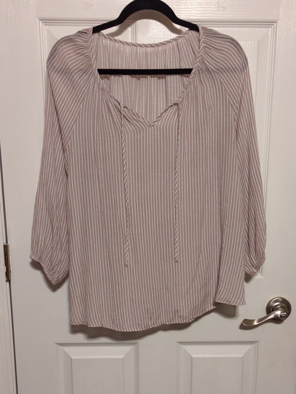 Light Brown And White Striped Peasant Blouse with Tie Neck